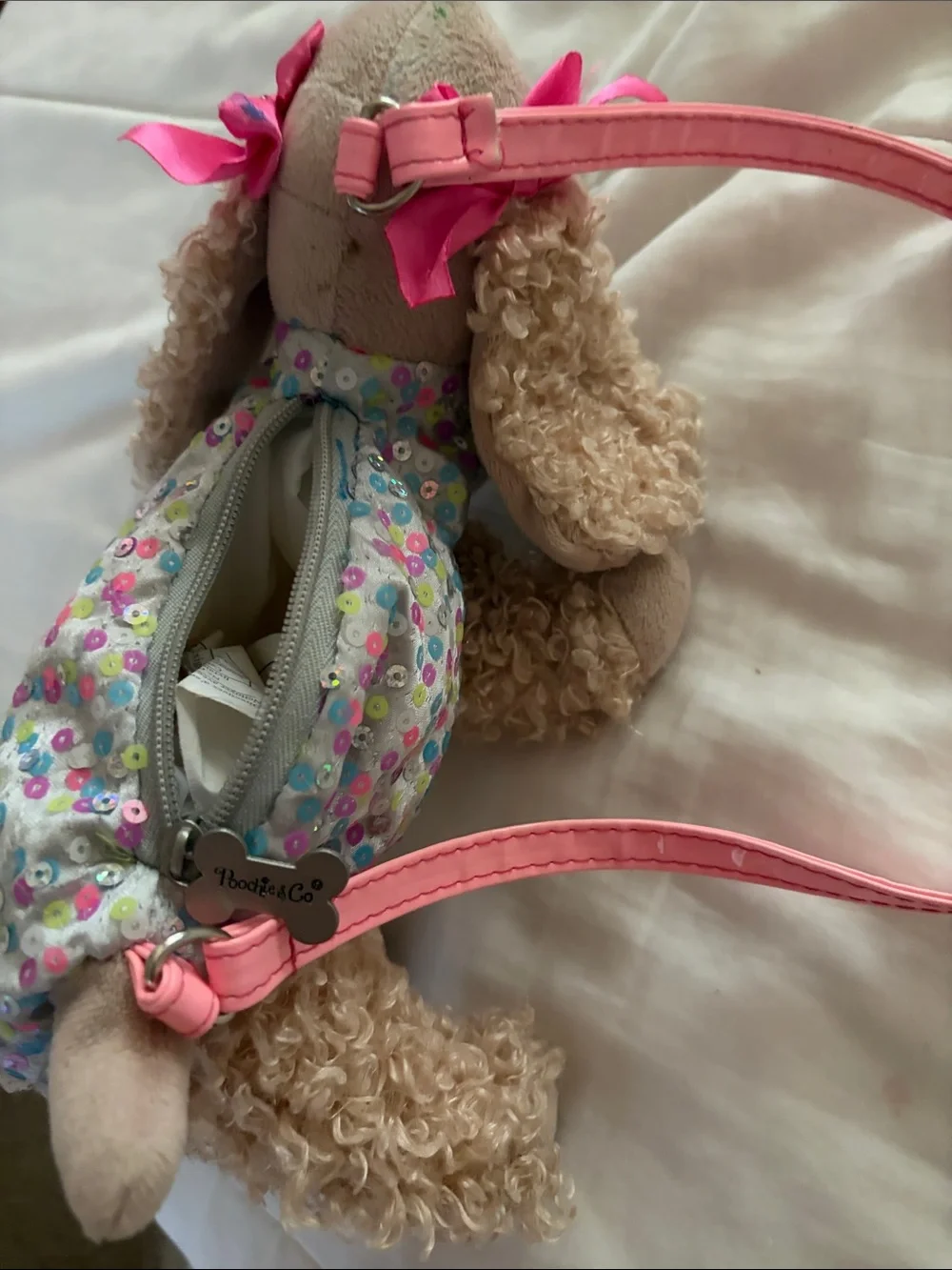 Poochie & Co Sequin Puppy Crossbody Bag with Pink Strap